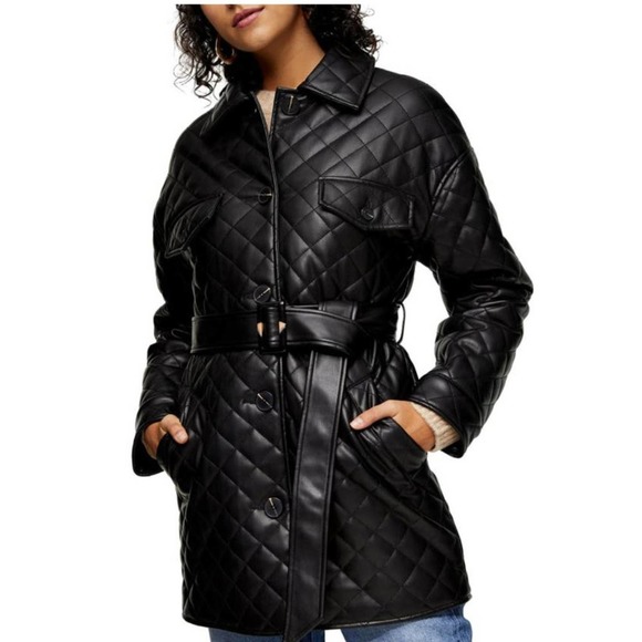 NEW Topshop Quinn Quilted Trench Jacket Black Faux Leather Belted Puffer Size 4 - Picture 1 of 9